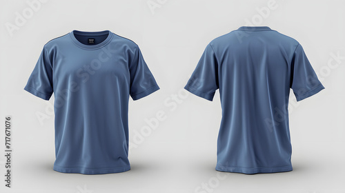 Photo realistic blue t-shirts for men with front and back views, copy space