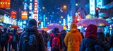 Night city street people crowd walking. Generative AI technology.