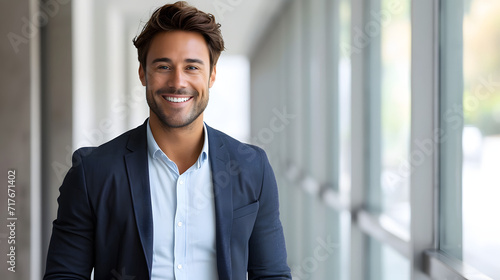 picture of a content brunette man dressed formally, grinning at the camera and putting his hands in his pockets photo