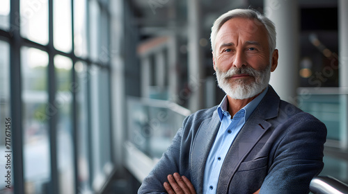 picture of a prosperous senior business consultant grinning and glancing at the camera within a contemporary office building