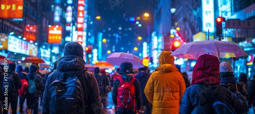 Night city street people crowd walking. Generative AI technology. photo