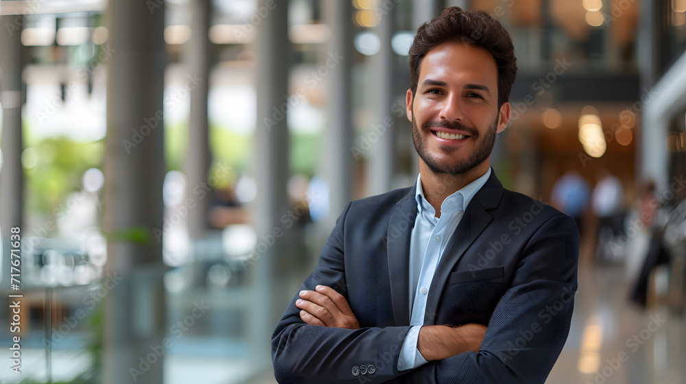 Portrait of a prosperous businessman, grinning and gazing at the camera while wearing a business suit, within a contemporary office building Portrait of a prosperous businessman, grinning and gazing at the camera while wearing a business suit, within a contemporary office building