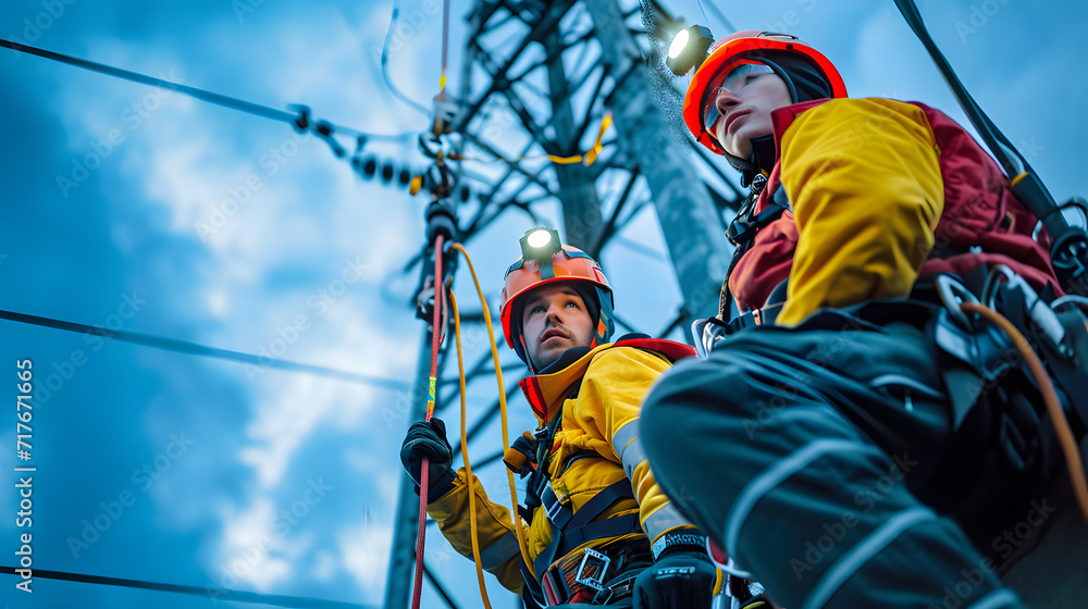 power electrician's headshot Two people from a high-voltage pylon working at a height while wearing safety gear power electrician's headshot Two people from a high-voltage pylon working at a height while wearing safety gear