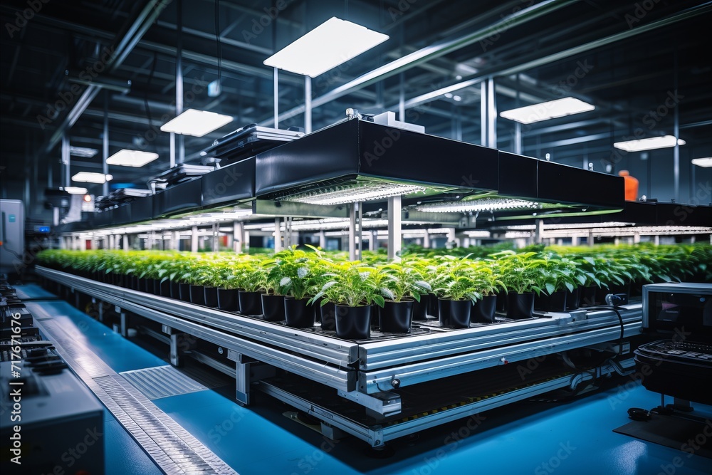 A row of seedlings on a conveyor belt in a modern agricultural plant