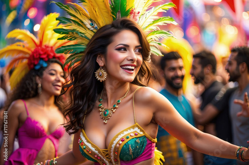 beutiful dancing and smilling Female wearing brazillian carnival costume