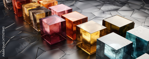 Many colored cubes from crystal or glass. Cub in diferrent colors. photo