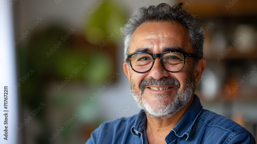 Smiling middle-aged Hispanic male, close-up interior portrait