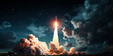 Space exploration concept with rocket launch into starry sky, symbolizing ambition, innovation, and discovery