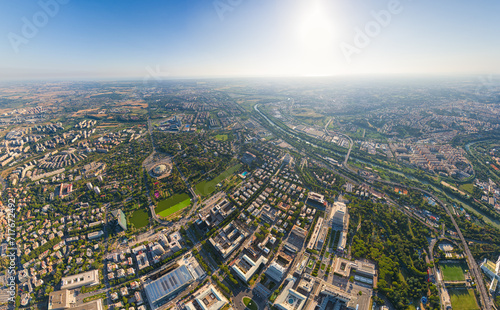 Rome, Italy. World Exhibition Quarter - EUR. Panorama of the city on a summer morning. Sunny weather. Aerial view