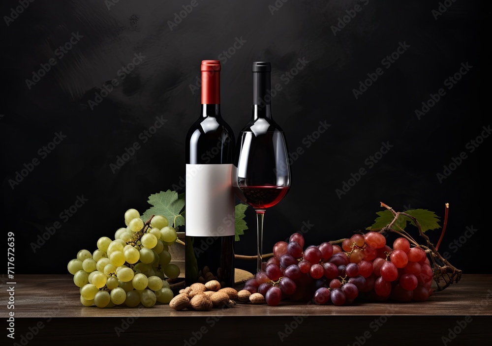 Obraz premium two bottles of wine and grapes on a background dark surface
