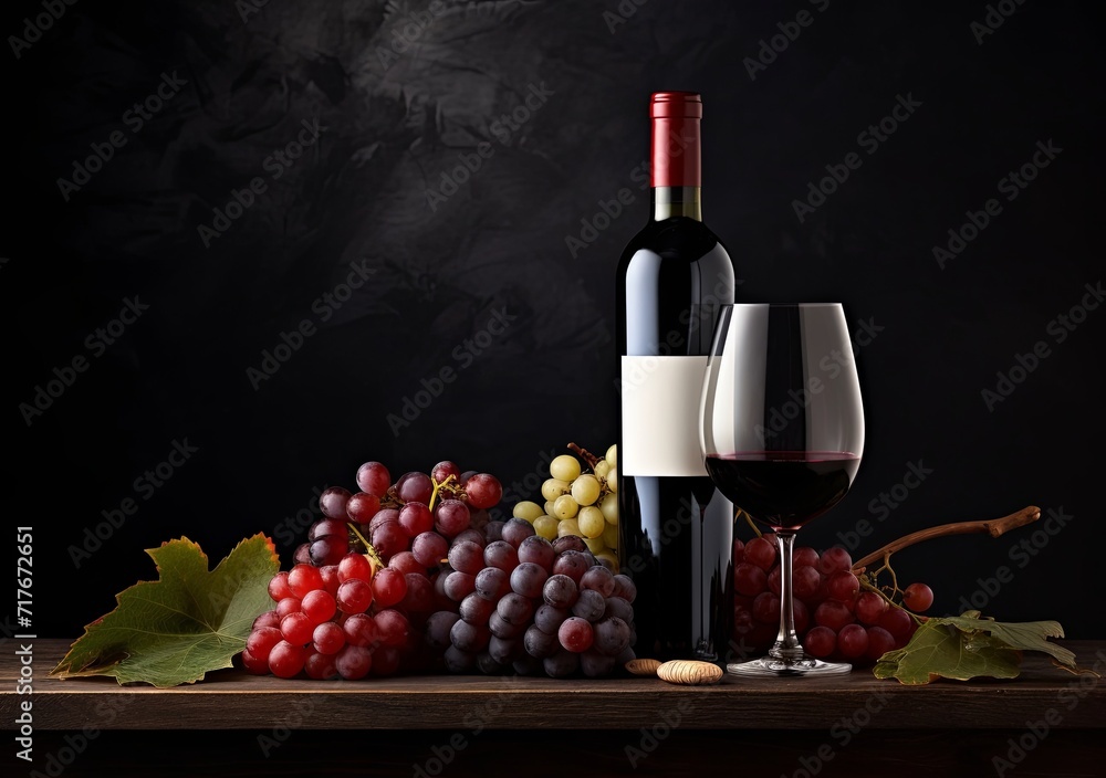 two bottles of wine and grapes on a background dark surface