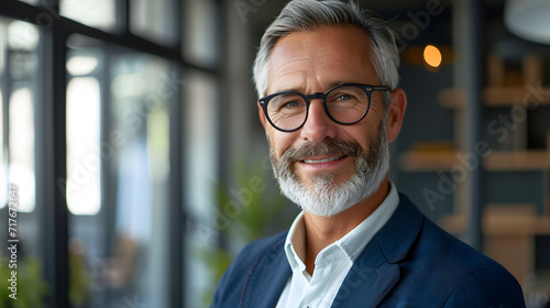 Standing in his office is a happy middle-aged businessman who is an executive. Smiling 50-year-old, mature, self-assured manager, investor, and businessman, facing the camera in a close-up headshot