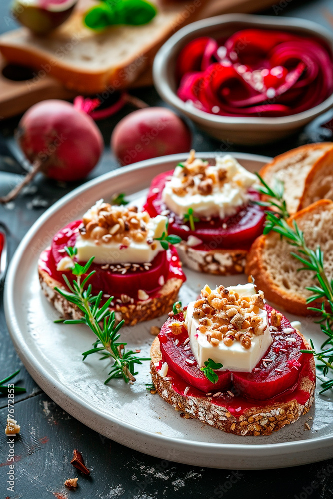 Bruschetta with beets and cheese. Selective focus. Bruschetta with beets and cheese. Selective focus.