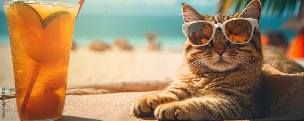 Funny cat with sunglasses on tropical bech drinking fresh juice. Cool cat concept