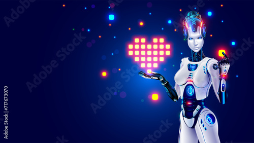 Beautiful robot woman holds a pixel heart symbol of love in her hand. Banner for Valentines day in style of AI, digital technology. Neural networks, artificial intelligence with heart icon. Vector.