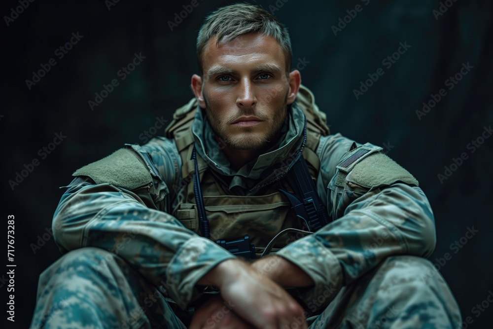 Soldier, a warrior's resolve. Soldier posing for the camera. Disruptive, emotional, dramatic. Soldier, a warrior's resolve. Soldier posing for the camera. Disruptive, emotional, dramatic.