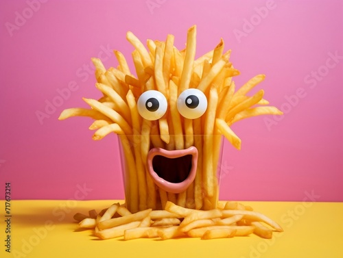 French fries cartoon character with very bright eyes on the pink background
