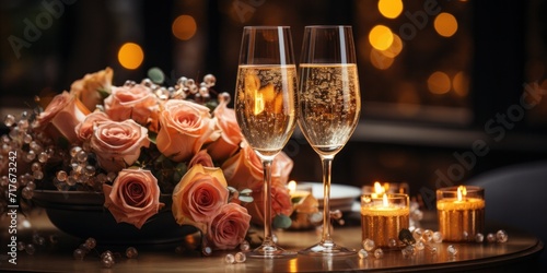 A romantic celebration with glasses of sparkling champagne, a bouquet, and festive decorations.