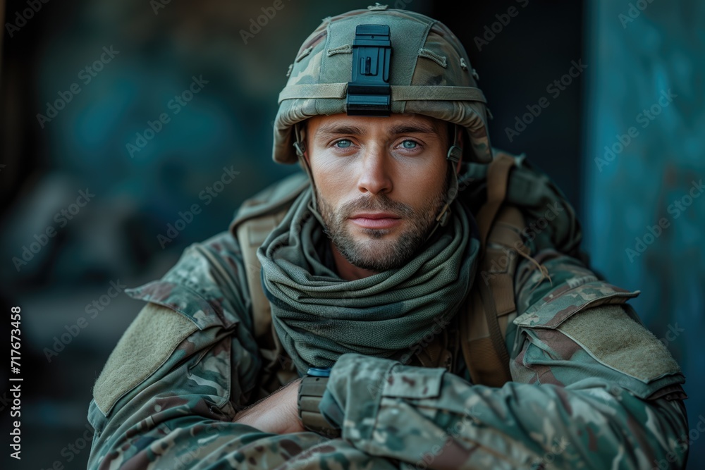Soldier, a warrior's resolve. Soldier posing for the camera. Disruptive, emotional, dramatic.