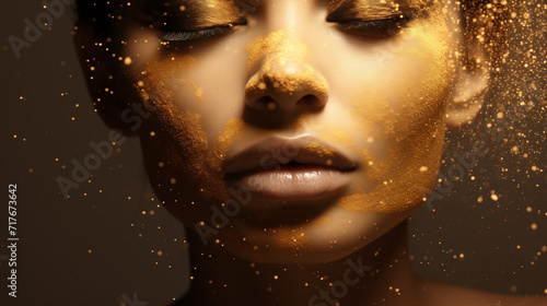 Serene Woman With Golden Face Paint and Glitter Against a Dark Background. Gold Care Concept. Banner.