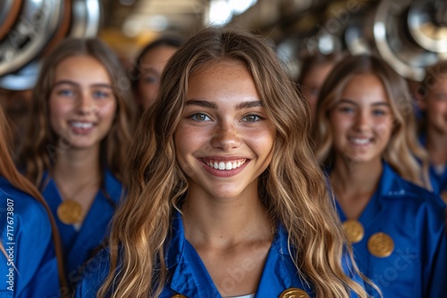Smile Squad - A group of girls wearing blue and smiling for the camera, possibly for a promotional event or a social media challenge. Generative AI