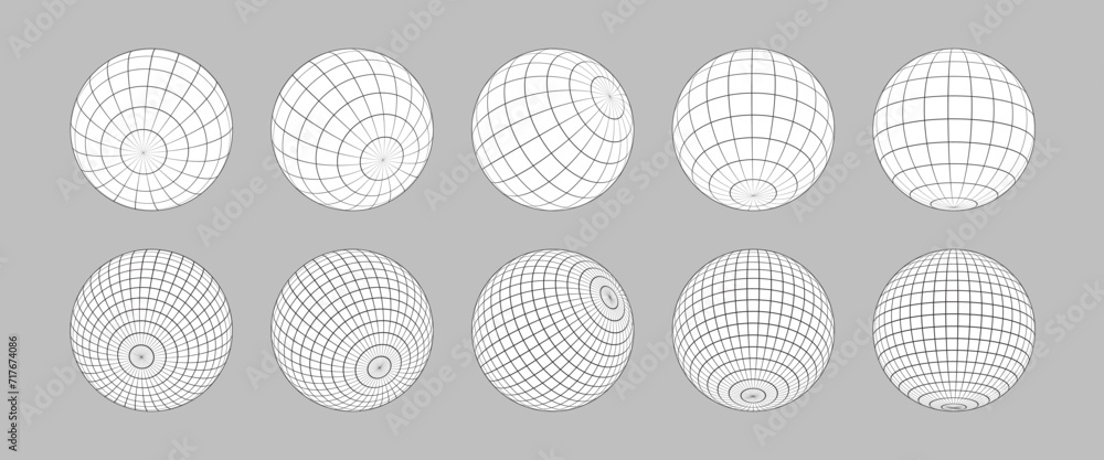 Wireframe sphere set isolated. Striped 3D balls, geometry globe grid collection in different positions Wireframe sphere set isolated. Striped 3D balls, geometry globe grid collection in different positions