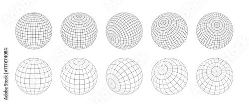 Wireframe sphere set isolated.  Striped 3D balls, geometry globe grid collection in different positions photo