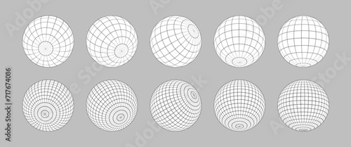 Wireframe sphere set isolated.  Striped 3D balls, geometry globe grid collection in different positions photo