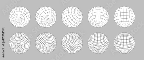 Wireframe sphere set isolated.  Striped 3D balls, geometry globe grid collection in different positions