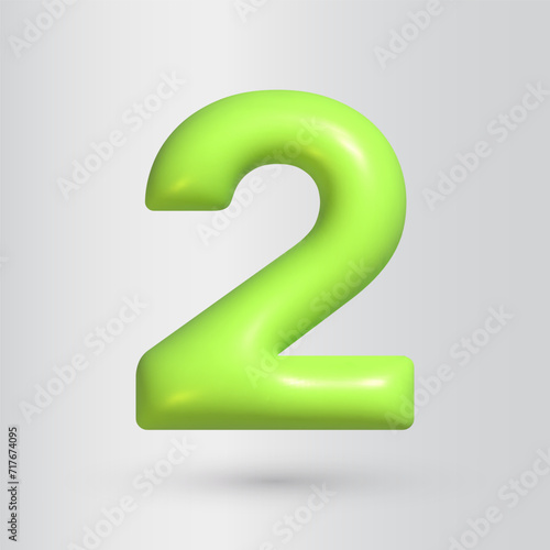 3d style number 2. Two icon. Realistic green color render