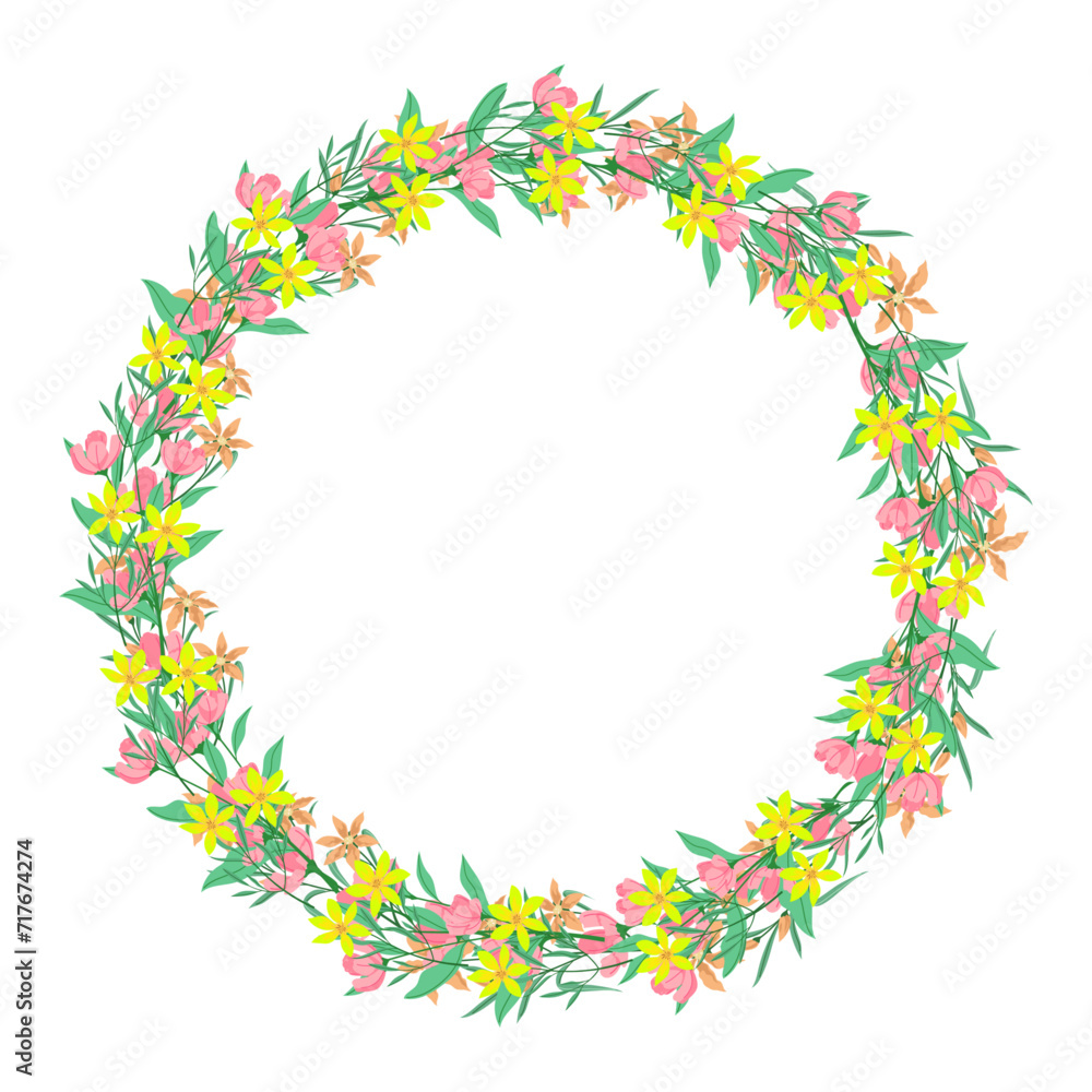 Vector hand drawn floral wreath frame on white background