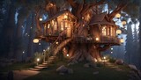 A whimsical treehouse nestled in the branches of a giant sequoia, illuminated by lanterns Generative AI