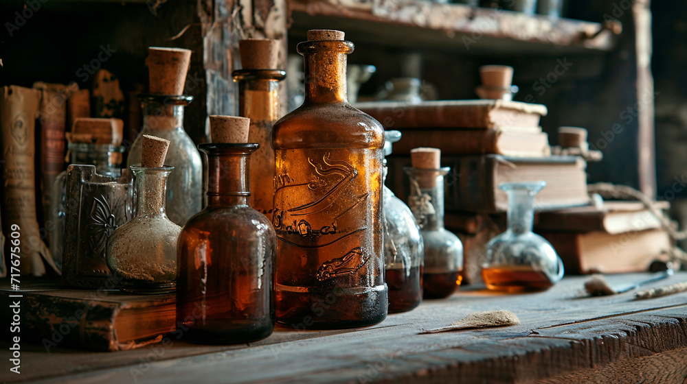Potion in bottles and old books. Selective focus. Potion in bottles and old books. Selective focus.