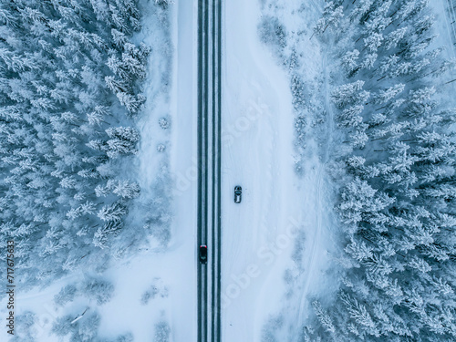 Aerial view of beautiful winter landscape in Lapland during sunset. photo