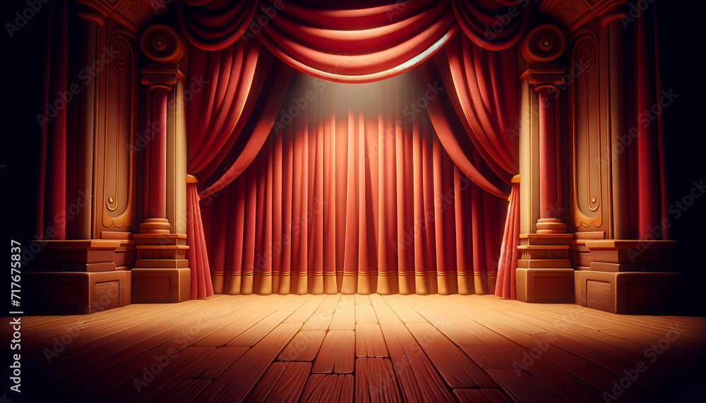 Theatrical stage with scarlet curtains, set for a grand opening.
Generative AI.