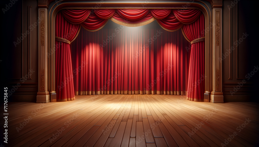 Fototapeta premium Dramatic stage setting with lush red curtains and a spotlight for the star. Generative AI.