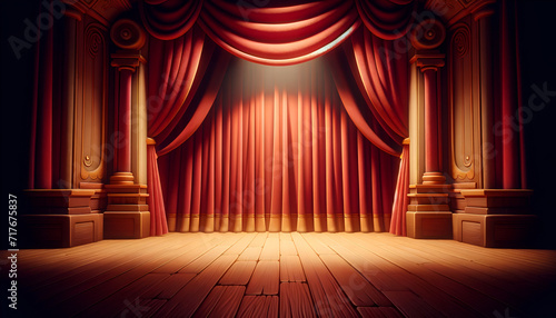 Theatrical stage with scarlet curtains  set for a grand opening. Generative AI.