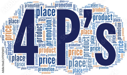 4P's Marketing Mix word cloud conceptual design isolated on white background.