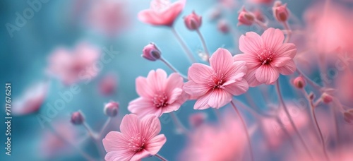 a close up of pink flowers against a blue background