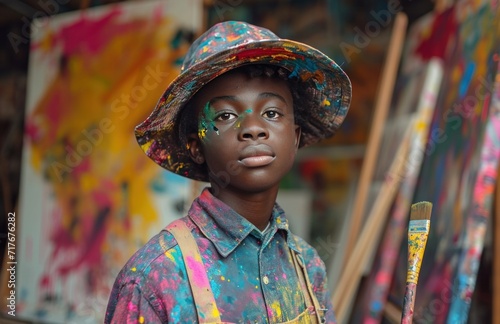 a young boy holding a paint brush in a hat and painting