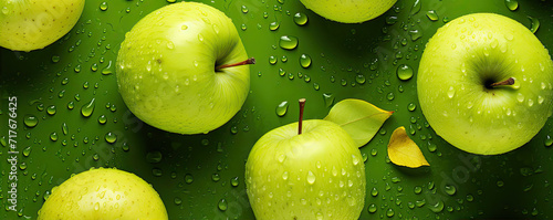 Green fresh apples with sprinkled water top view. Apples washed in water.