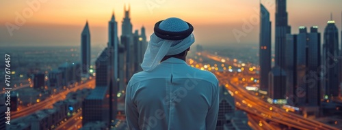 a man's backside looking out over city skyscrapers