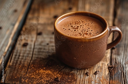 a cup of hot chocolate lies on a wooden table