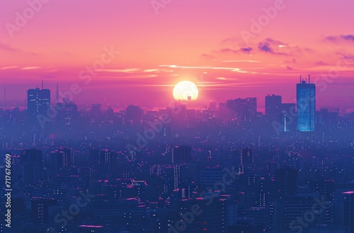 a cityscape with many buildings at sunset