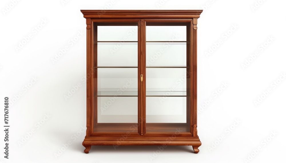 Obraz premium Display cabinet, cherry wood, glass-fronted, 3d, isolated white background, clean simple,