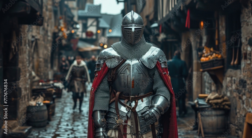 a medieval knight with armour stands on an alleyway