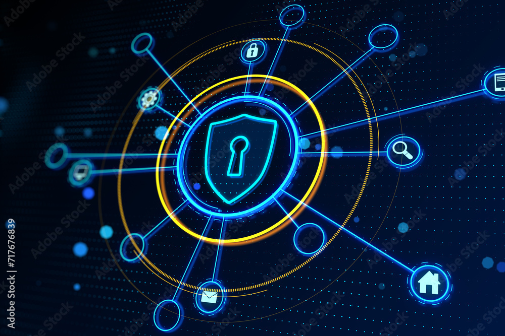 Intricate network security visualization with a shield and lock icon on a blue digital background. 3D Rendering