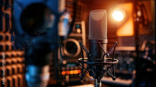 Podcast studio with soundproofing for youtube channels starting to make podcasts for most popular videos. Podcast media studio for broadcasting audio. Podcasting microphone speech or interview photo