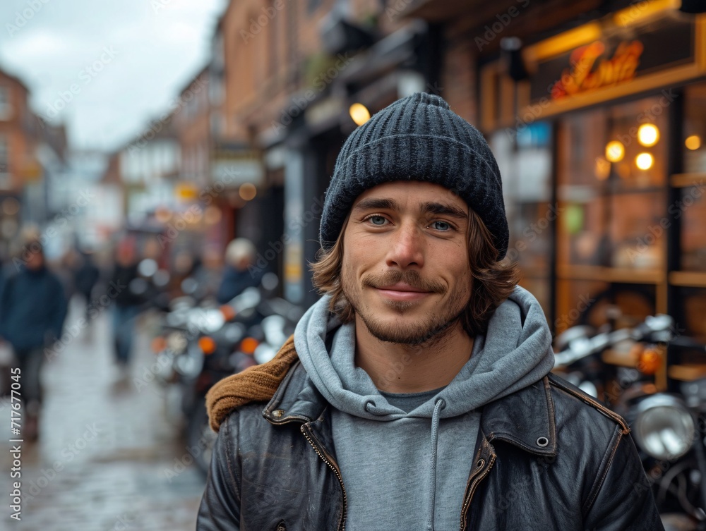 Hipster Haven: A Man in a Beanie and Jacket Smiles for the Camera Generative AI Hipster Haven: A Man in a Beanie and Jacket Smiles for the Camera Generative AI