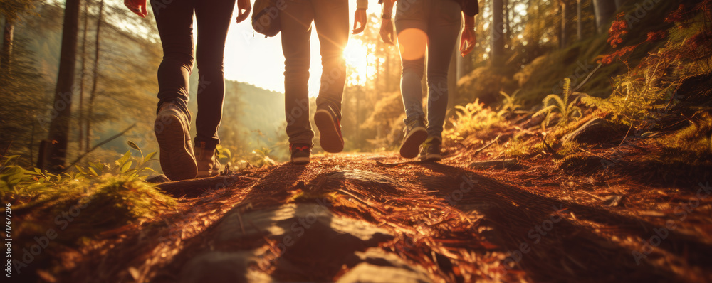 Fototapeta premium Hikers walking in fores in sunset light. Detail on hiker shoe rear view. copy space for text.